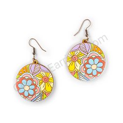 Drop Wooden Circular Floral Earrings - Hippie Blossom 22