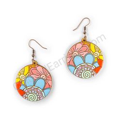 Drop Wooden Circular Floral Earrings - Hippie Blossom 23