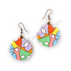 Wooden Drop Geometric Earrings - Curved Loops Round 3 (circular), Multicolored