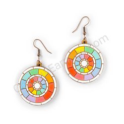 Wooden Drop Geometric Earrings - Colorful Slices (circular), Multicolored