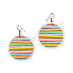 Wooden Drop Earrings - Horizontal Striped Circle Elegance (circular), Multicolored