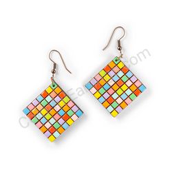 Wooden Drop Geometric Earrings - Rubik's Cube (diamond shape), Multicolored 7