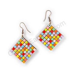 Wooden Drop Geometric Earrings - Rubik's Cube (diamond shape), Multicolored 8