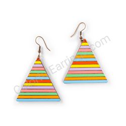Wooden Drop Geometric Earrings - Horizontal Striped Elegance (triangle), Multicolored 2