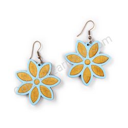 Wooden Drop Floral Earrings - Elegant Bloom (irregular), Blue