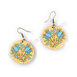 Wooden Drop Floral Earrings - Floral Elegance (circular), Blue