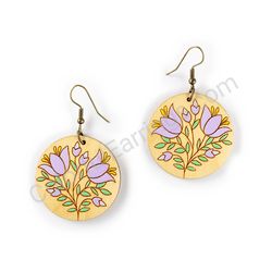 Wooden Drop Floral Earrings - Floral Elegance (circular), Purple