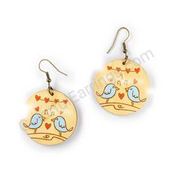 Wooden Drop Folk Earrings - Lovebirds’ Melody 1 (circular), Multicolored