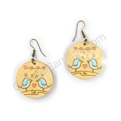 Wooden Drop Folk Earrings - Lovebirds’ Melody 2 (circular), Multicolored