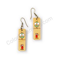 Wooden Drop Funky Earrings - Bird and Worm Duo (rectangular), Multicolored