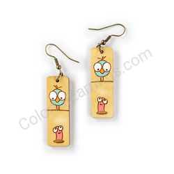 Wooden Drop Funky Earrings - Bird and Worm Duo (rectangular), Multicolored 2