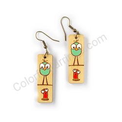Wooden Drop Funky Earrings - Bird and Worm Tall Duo (rectangular), Multicolored