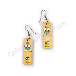 Wooden Drop Funky Earrings - Bird and Worm Duo (rectangular), Multicolored 3