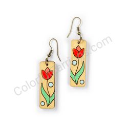 Wooden Drop Floral Earrings - Tulip Beauty (rectangular), Multicolored