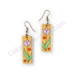 Wooden Drop Floral Earrings - Tulip Beauty (rectangular), Purple