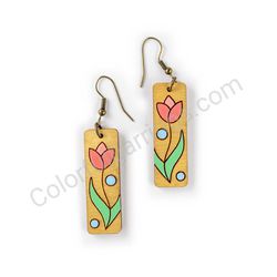 Wooden Drop Floral Earrings - Tulip Beauty 2 (rectangular), Multicolored