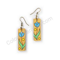 Wooden Drop Floral Earrings - Tulip Beauty (rectangular), Blue