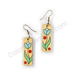 Wooden Drop Floral Earrings - Tulip Beauty 3 (rectangular), Multicolored