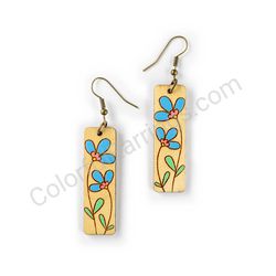 Wooden Drop Floral Earrings - Twin Snowdrops (rectangular), Blue 2