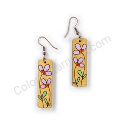 Wooden Drop Floral Earrings - Twin Snowdrops (rectangular), Purple