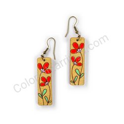 Wooden Drop Floral Earrings - Twin Snowdrops (rectangular), Red