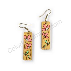 Wooden Drop Floral Earrings - Twin Snowdrops (rectangular), Pink