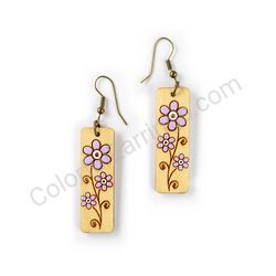 Wooden Drop Floral Earrings - Blooming Path (rectangular), Purple
