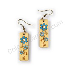 Wooden Drop Floral Earrings - Blooming Path (rectangular), Blue