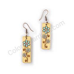 Wooden Drop Floral Earrings - Blooming Path (rectangular), Turquoise