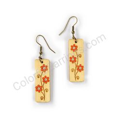 Wooden Drop Floral Earrings - Delicate Blooming Path (rectangular), Red