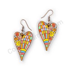 Wooden Drop Heart-shaped Earrings - Radiant Heart (heart-shaped), Multicolored