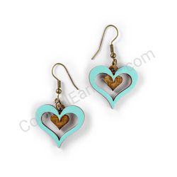 Wooden Drop Heart-shaped Earrings - Heart in Heart (heart-shaped), Turquoise
