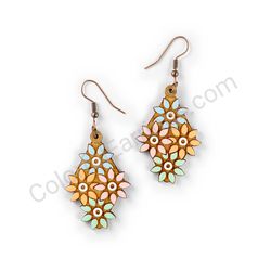 Wooden Drop Floral Earrings - Overflowing Sharp Blossom 5 (diamond shape), Multicolored