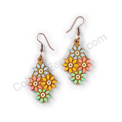 Wooden Drop Floral Earrings - Overflowing Sharp Blossom 6 (diamond shape), Multicolored