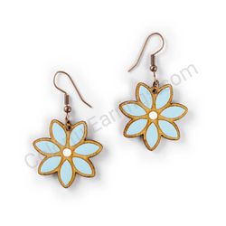 Wooden Drop Floral Earrings - Elegant Bloom 2 (irregular), Blue