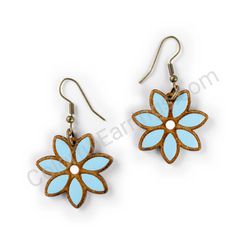 Wooden Drop Floral Earrings - Elegant Bloom 2 (irregular), Blue 2