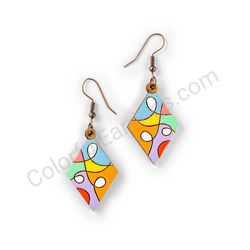 Wooden Drop Geometric Earrings - Curved Loops (diamond shape), Multicolored