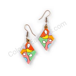 Wooden Drop Geometric Earrings - Curved Loops (diamond shape), Multicolored 3
