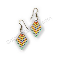 Wooden Drop Geometric Earrings - Falling Rhombus (diamond-shaped), Colorful