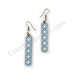 Wooden Drop Geometric Earrings - Diamond Stripes 5 (rectangular), Blue