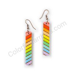Wooden Drop Geometric Earrings - Slanted Stripes (rectangular), Colorful 1