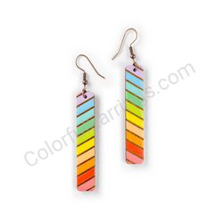Wooden Drop Geometric Earrings - Slanted Stripes (rectangular), Colorful 2