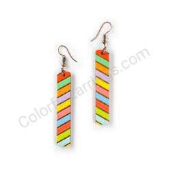 Wooden Drop Geometric Earrings - Slanted Stripes (rectangular), Colorful 3