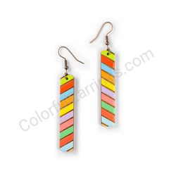 Wooden Drop Geometric Earrings - Slanted Stripes (rectangular), Colorful 4