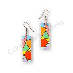 Wooden Drop Geometric Earrings - Asymmetric Curves (rectangular), Colorful 3