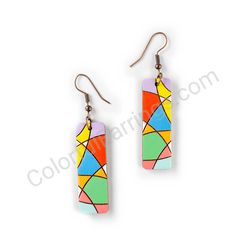 Wooden Drop Geometric Earrings - Asymmetric Curves (rectangular), Colorful 4