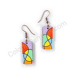 Wooden Drop Geometric Earrings - Asymmetric Curves 2 (rectangular), Colorful 1