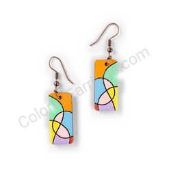Wooden Drop Geometric Earrings - Asymmetric Curves 2 (rectangular), Colorful 2