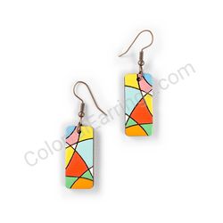 Wooden Drop Geometric Earrings - Asymmetric Curves (rectangular), Colorful 5