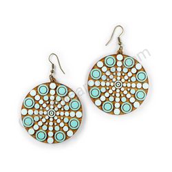 Wooden Drop Geometric Earrings - Geometric Spin 3 (circular), Turquoise